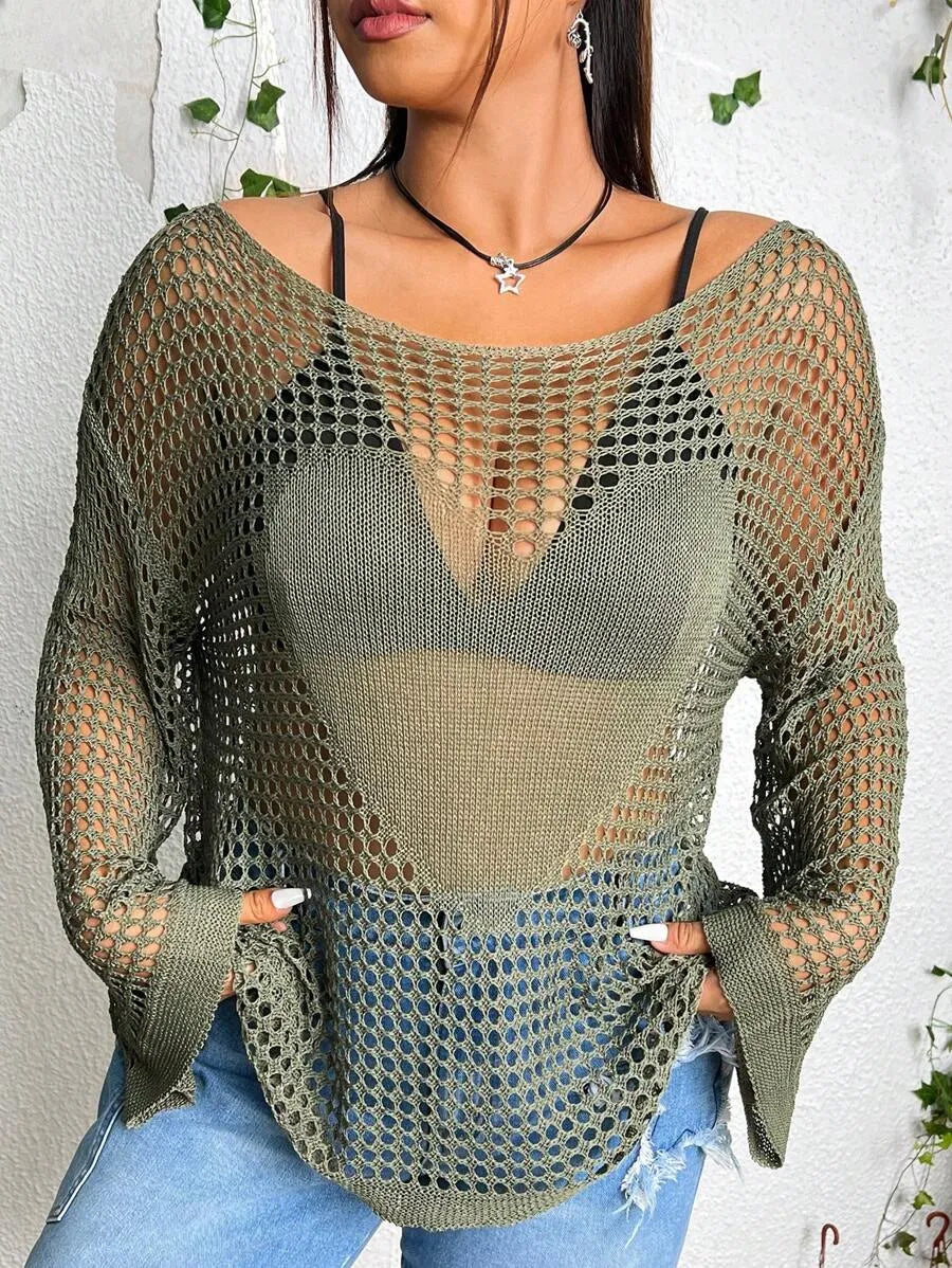 Lumachic Mesh Knit Bell Sleeve Top
