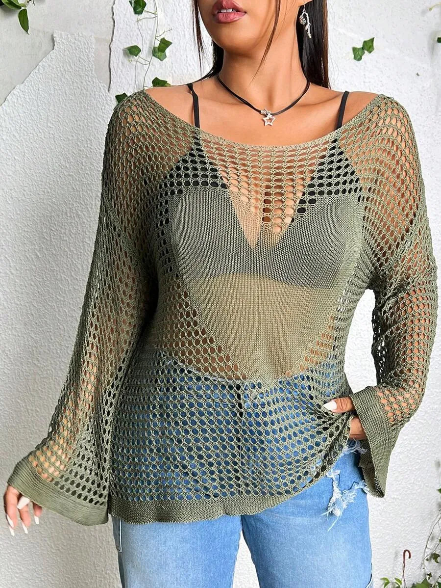 Lumachic Mesh Knit Bell Sleeve Top