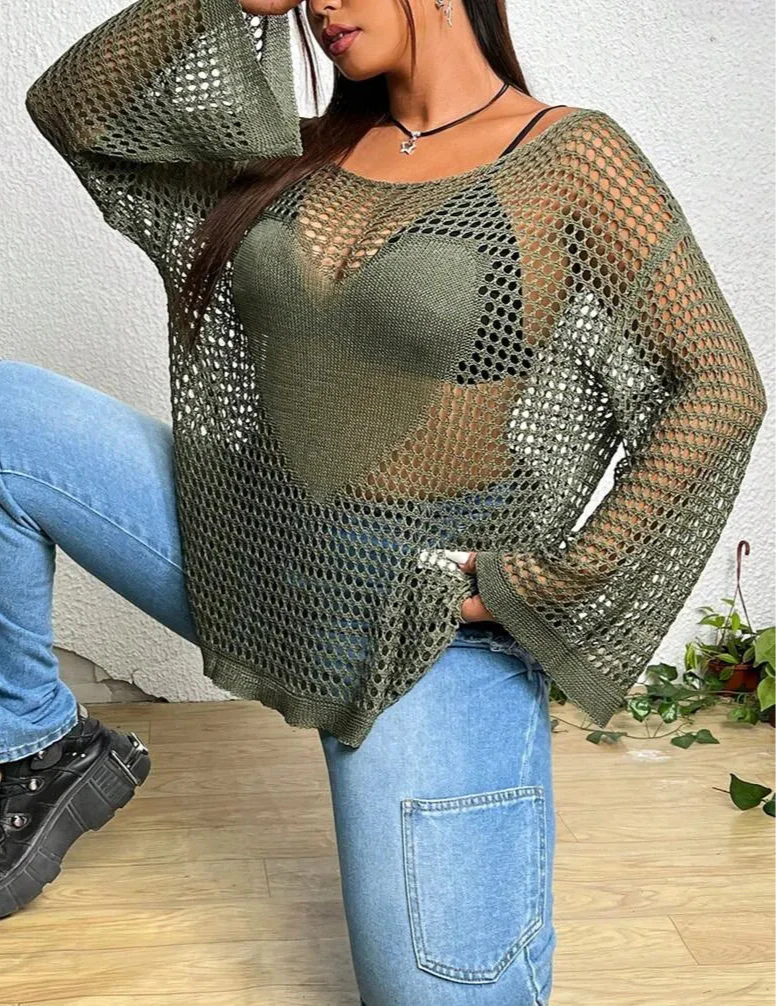 Lumachic Mesh Knit Bell Sleeve Top